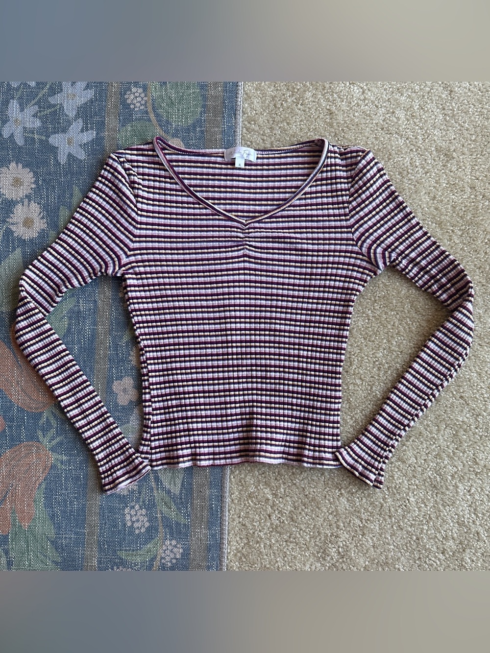 Striped Long Sleeve Ribbed Tee - Burgundy & Cream